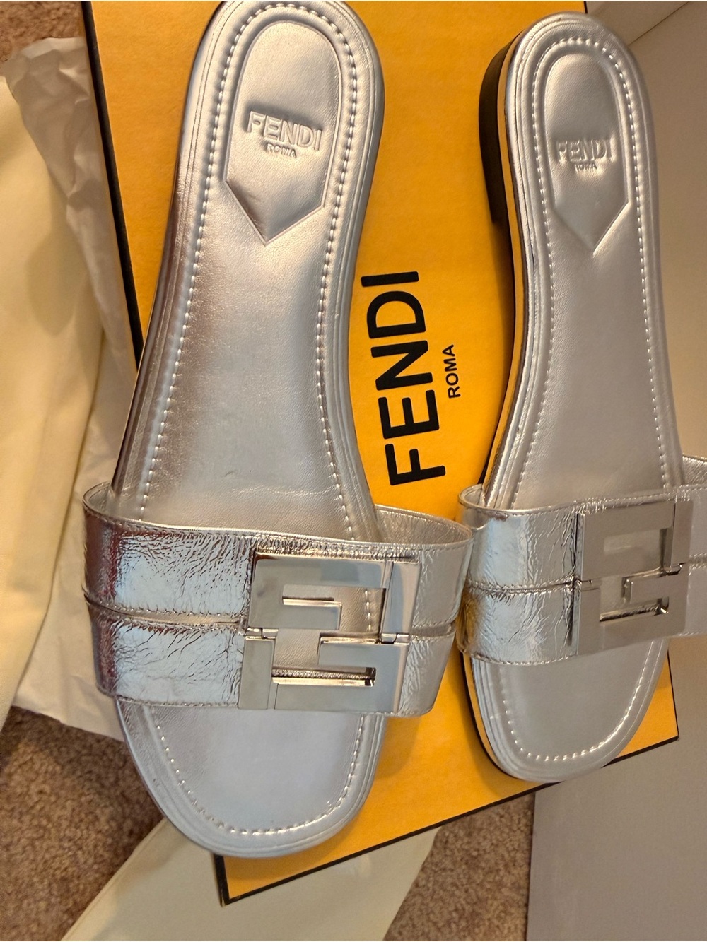 Fendi Silver Metallic FF-Buckle Slide Sandals